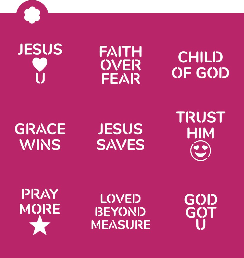 Faith conversation heart small stencil features white christian-themed text and icons on a pink background