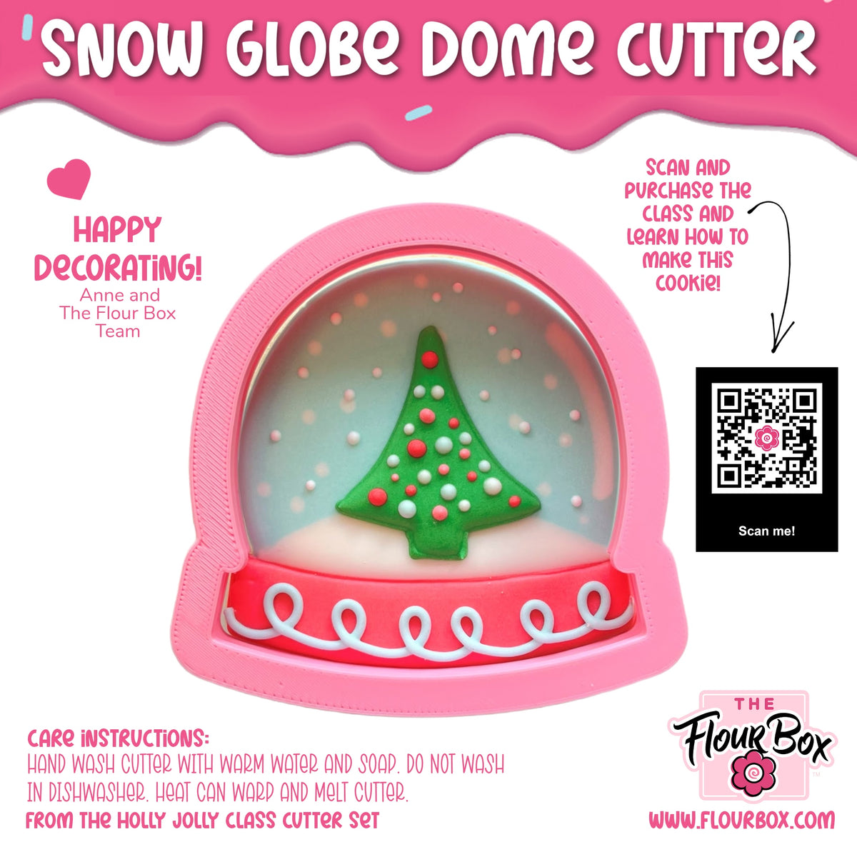 Pink snow globe dome cookie cutter with green christmas tree and red and white ornaments inside for festive baking