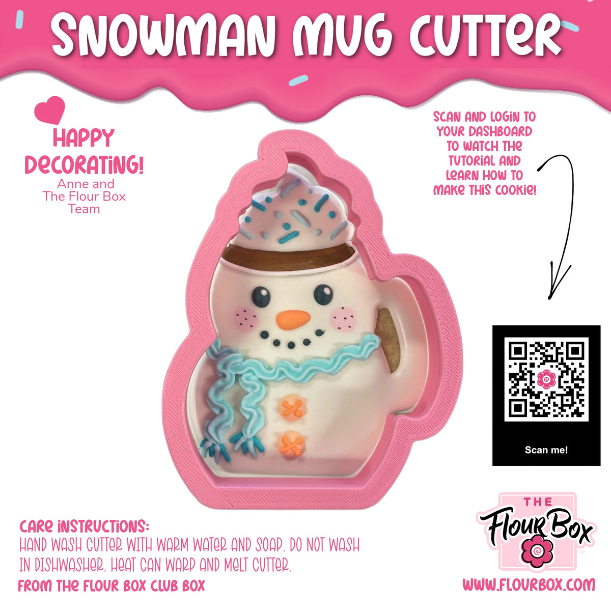 Pink plastic snowman mug flour box club cookie cutter with white face orange nose blue scarf and brown hat with frosting top