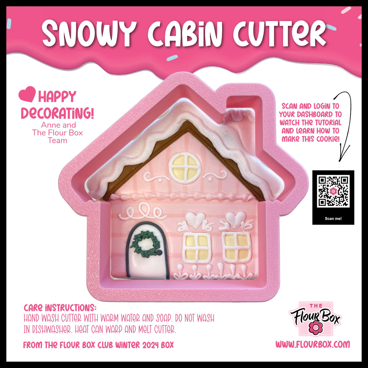 Pink silicone snowy cabin flour box club cookie cutter with white icing details and green wreath on door