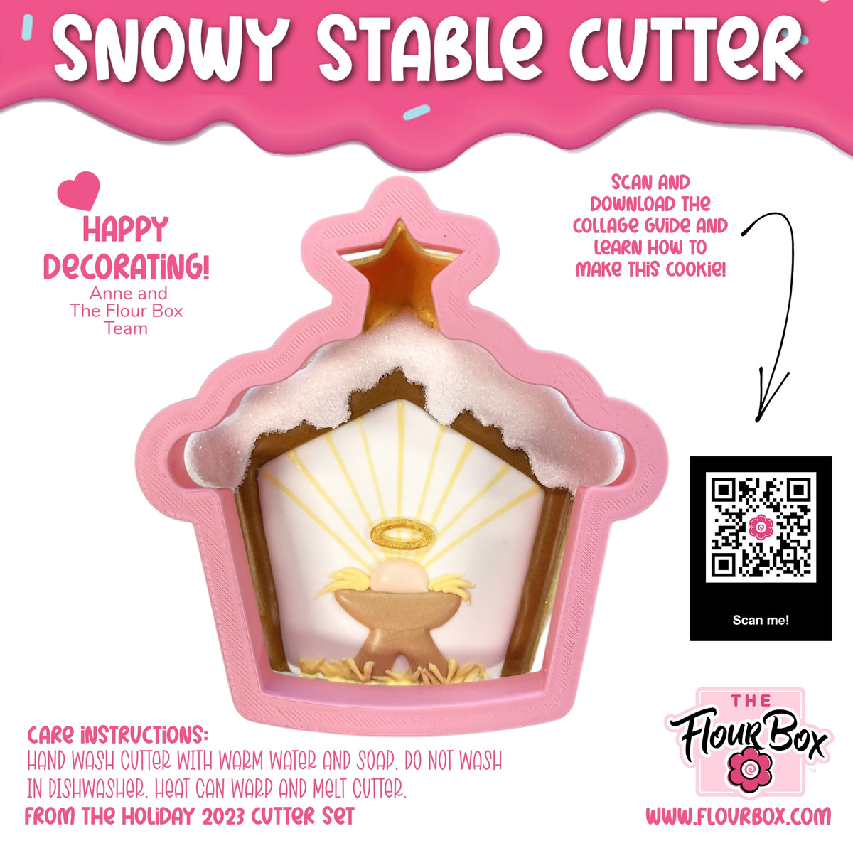 Pink silicone snowy stable cookie cutter featuring snow star and nativity scene design for holiday baking