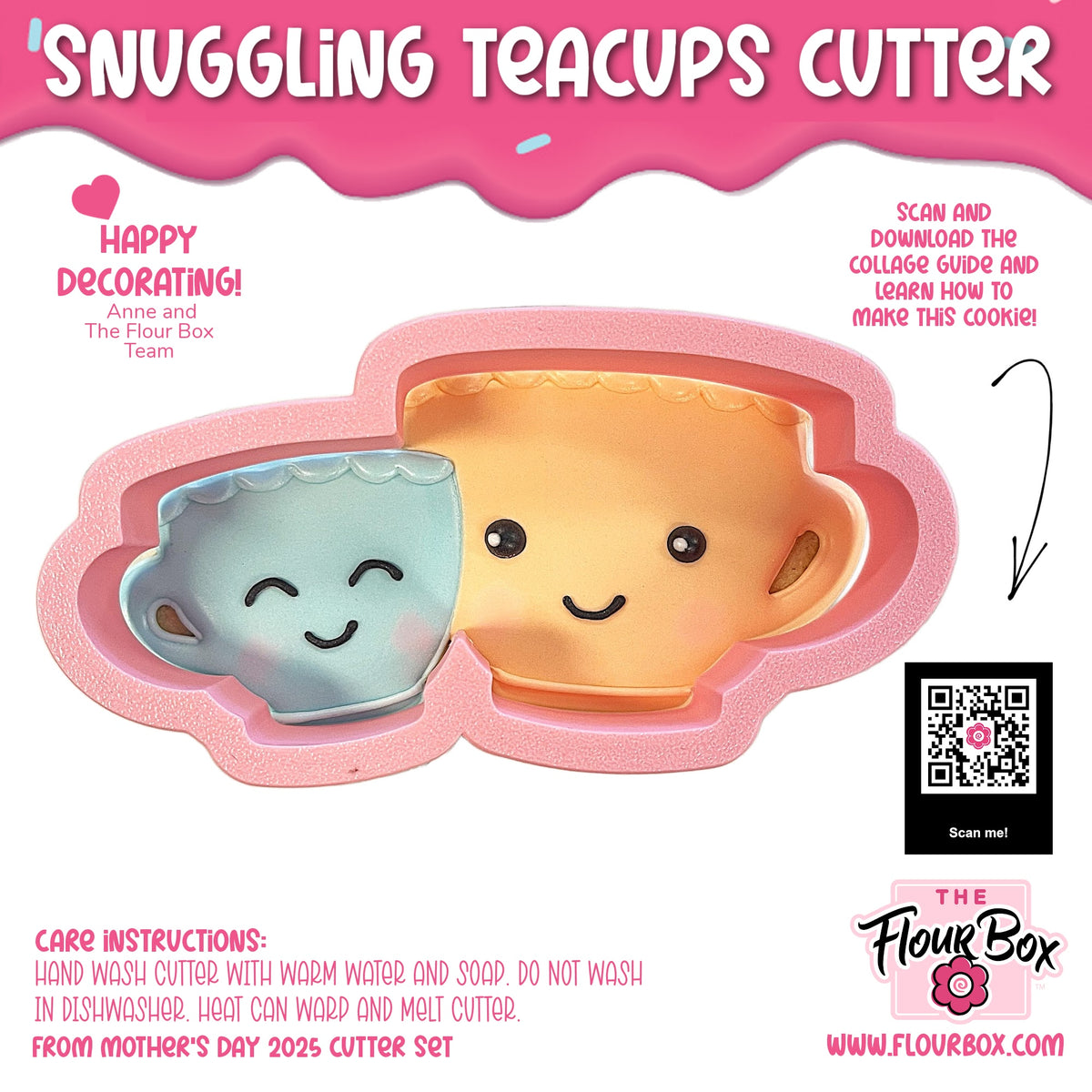 Pink silicone snuggling teacups cookie cutter with smiling light blue and orange-yellow cartoon tea cup designs