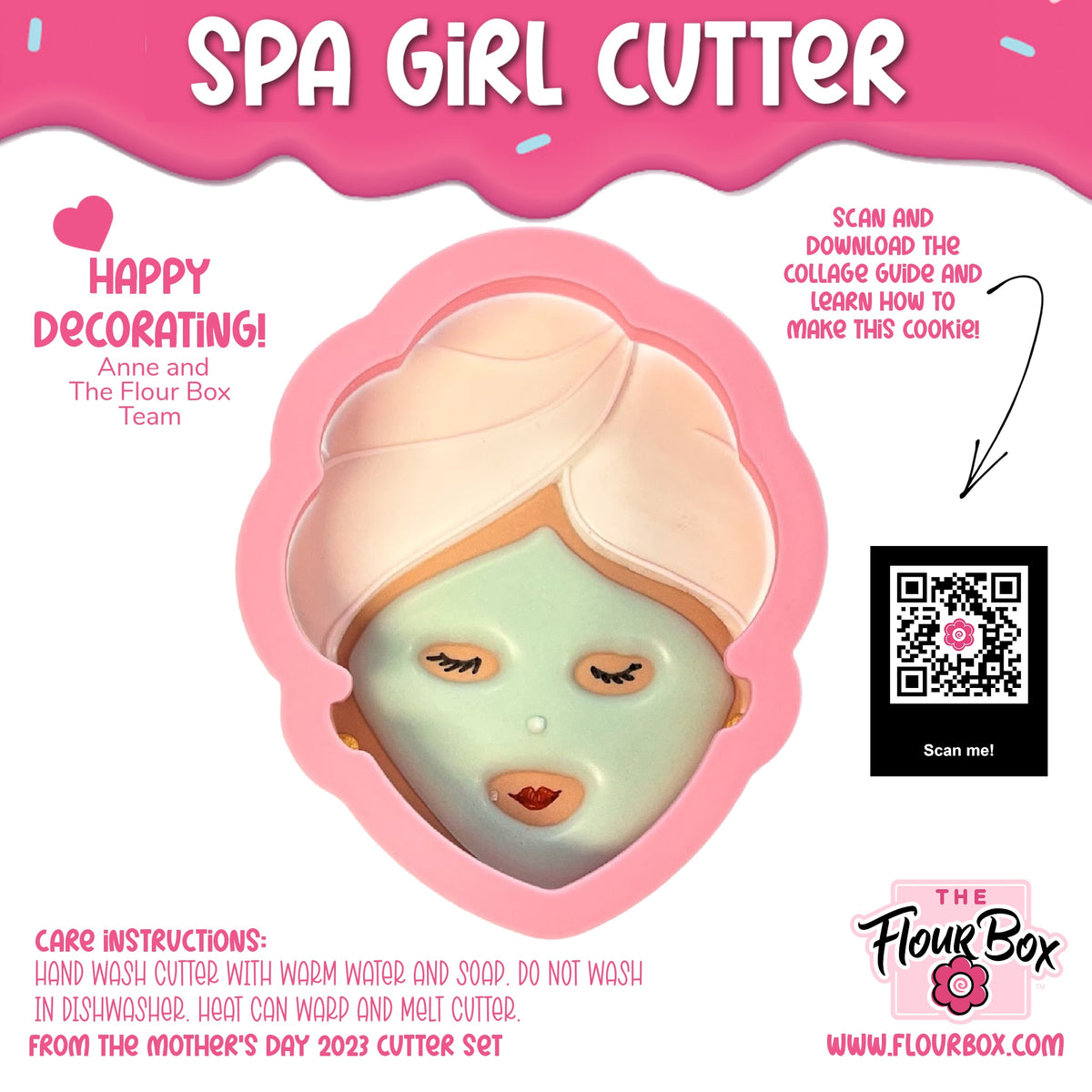 Pink plastic spa girl cookie cutter with light green mask and peach head wrap for themed baking and crafts