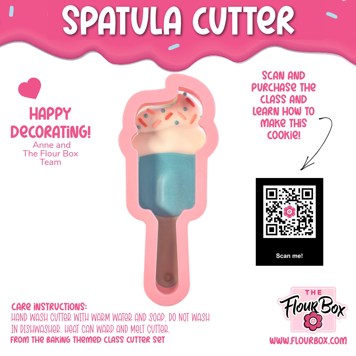 Pink silicone spatula cookie cutter shaped like a cupcake with blue frosting and colorful sprinkles