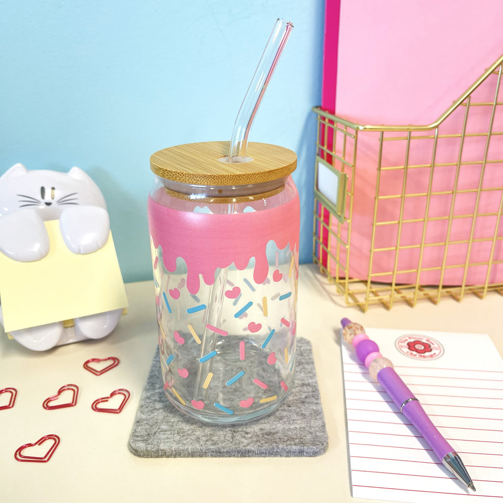 Sprinkles Glass Cup with Lid and Straw
