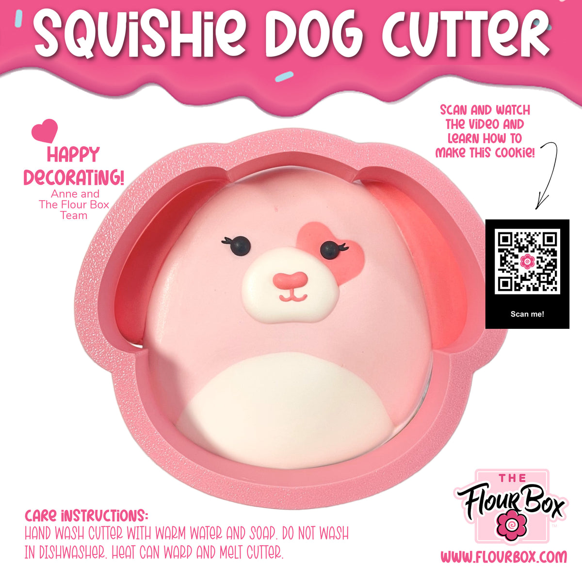 Pink squishy dog cookie cutter with white snout and nose made from soft silicone mold for baking and crafting