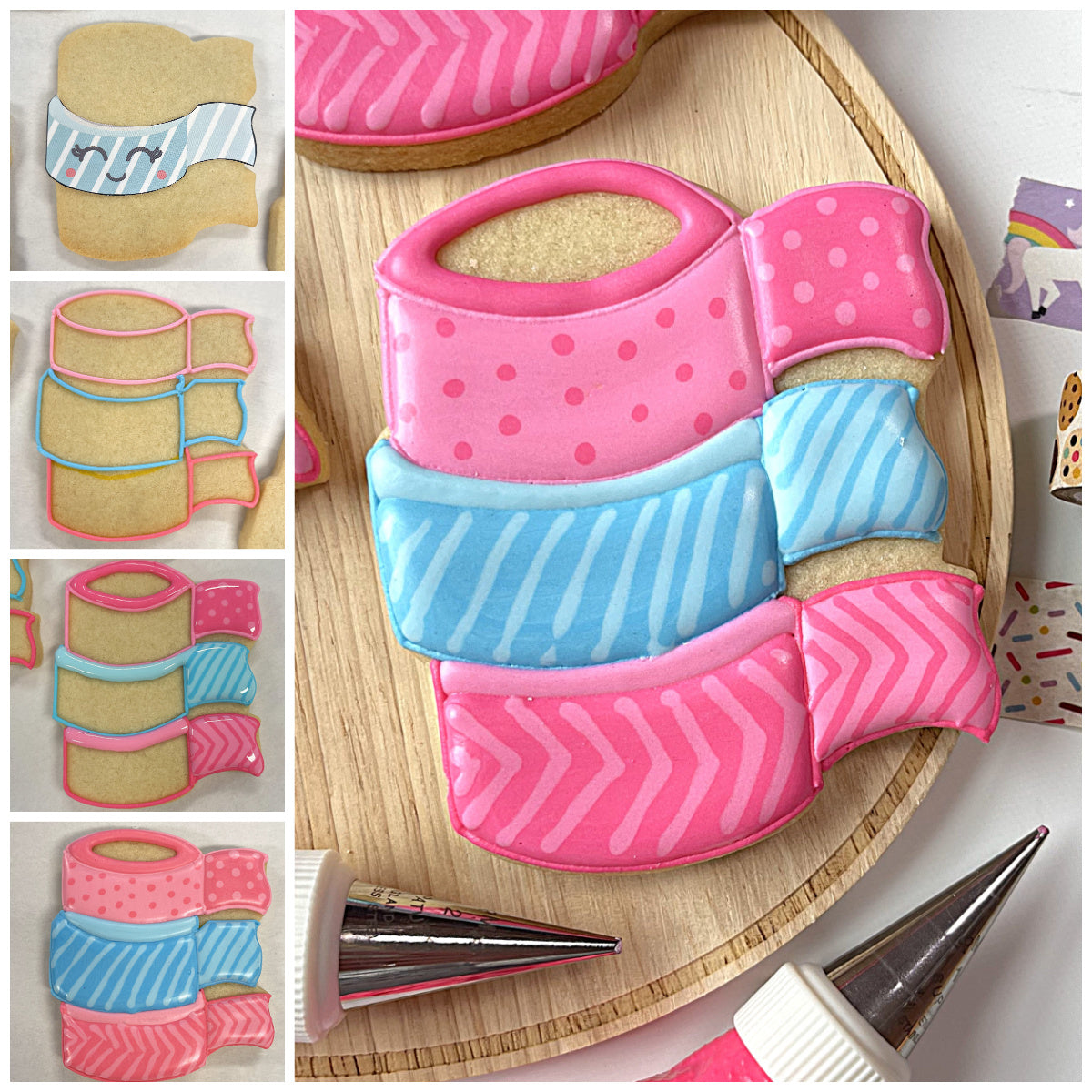 Washi tape stack cookie cutter shaped like a pink blue and white striped scarf cookie with polka dots and chevron patterns