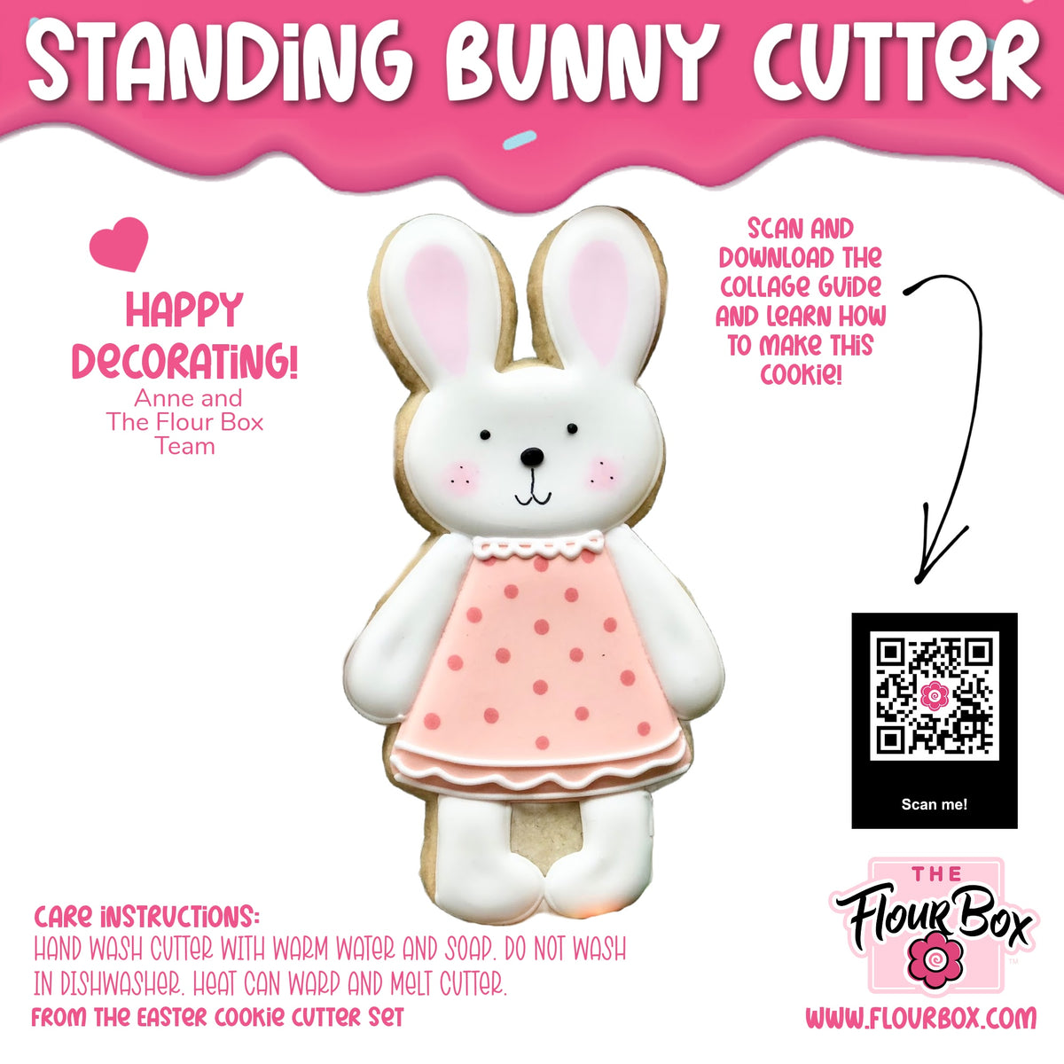Standing bunny cookie cutter in white with pink polka dot dress and lace trim designed by The Flour Box