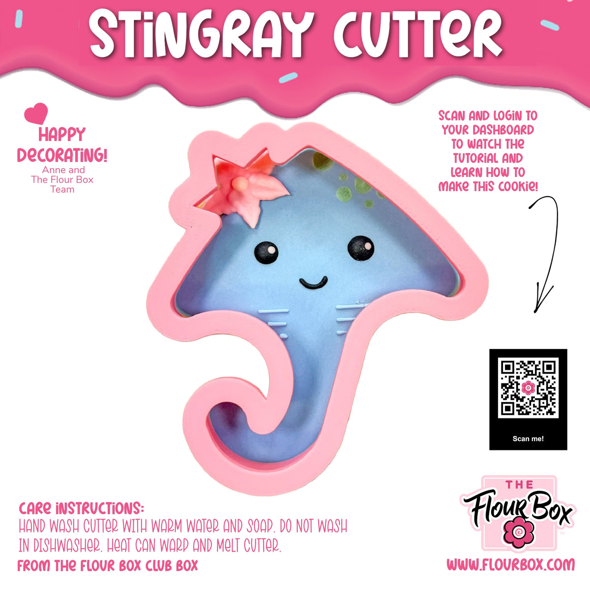 Pink silicone stingray flour box club cookie cutter with blue interior smiling face and black eyes