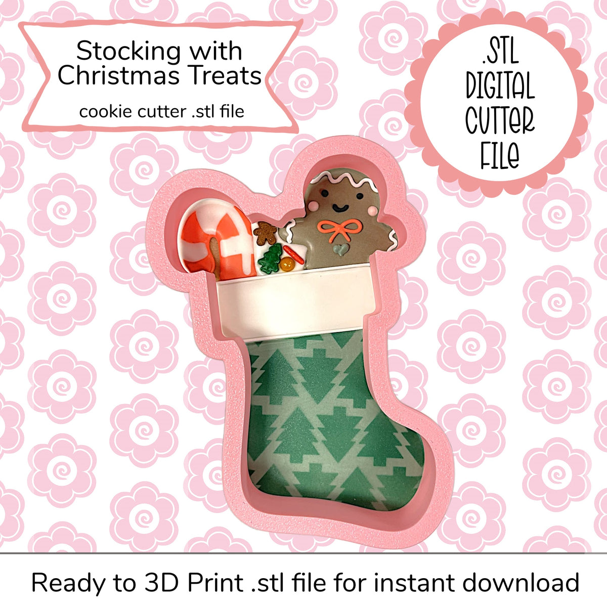 Pink christmas stocking cookie cutter with green tree patterned interior holding festive treats digital STL file