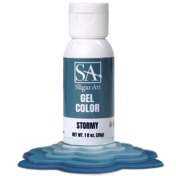 A small white bottle of stormy sugar art gel color with a teal label and white screw-top cap for cake decorating sale