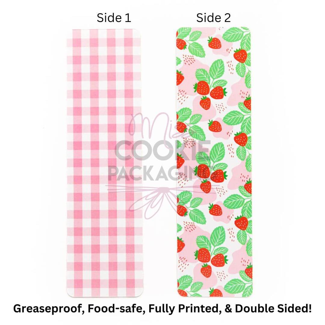 Double-sided strawberries pink gingham cookie bag backer card with gingham check and strawberry leaf patterns 2.625 x 9.5 inches