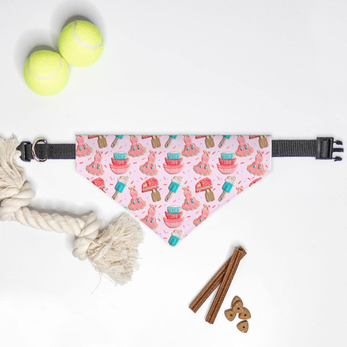 Pink bandana baking dog handkerchief small with playful pink dress ice cream and cupcake pattern on light background