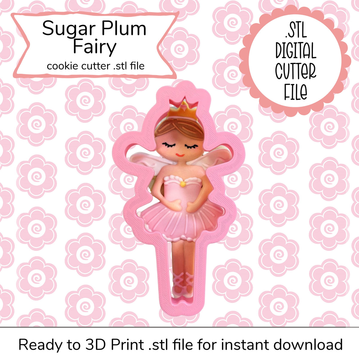 Pink sugar plum fairy cookie cutter with crown ballet skirt and wings for holiday baking and crafts digital file