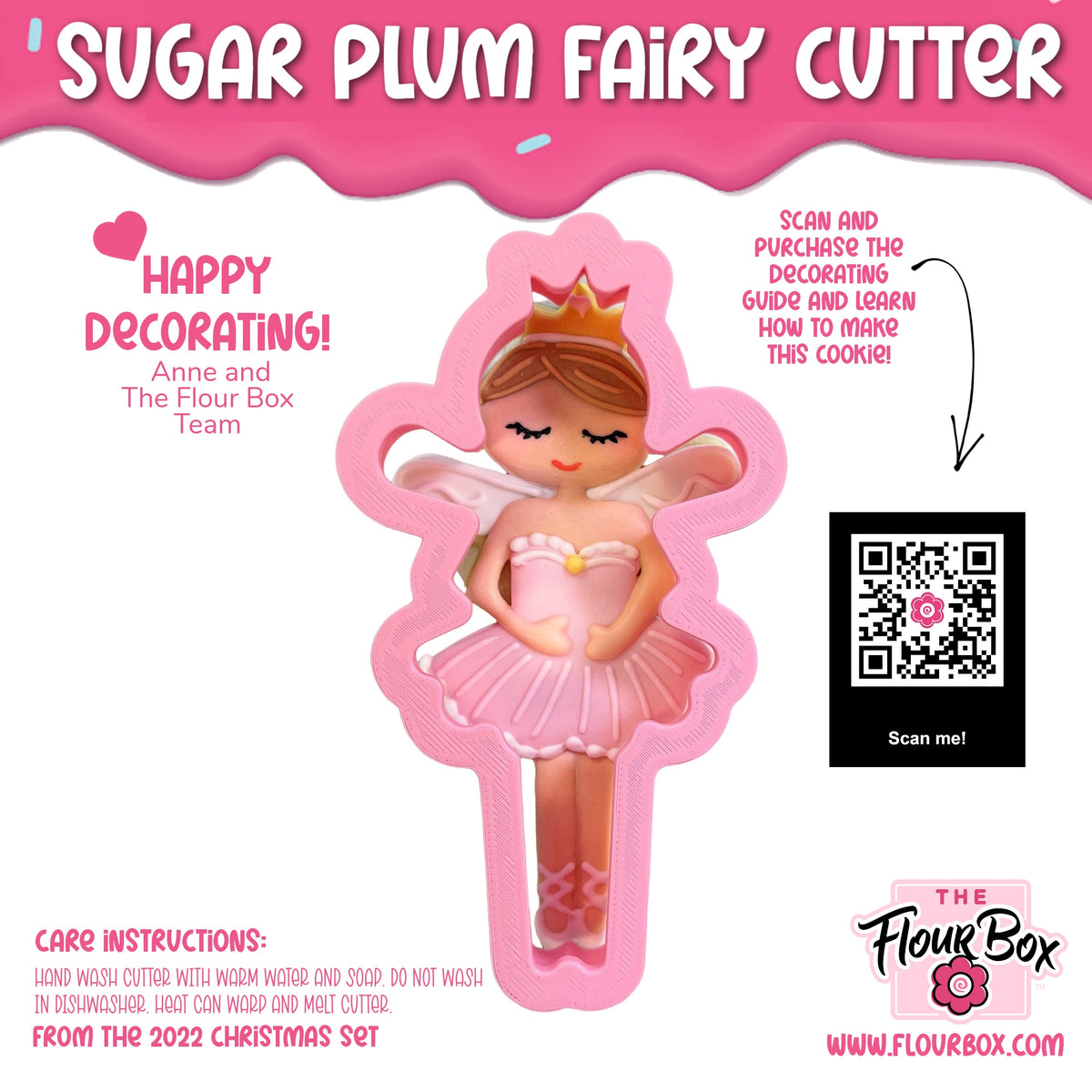 Pink sugar plum fairy cookie cutter with crown tutu and ballet shoes for festive holiday baking