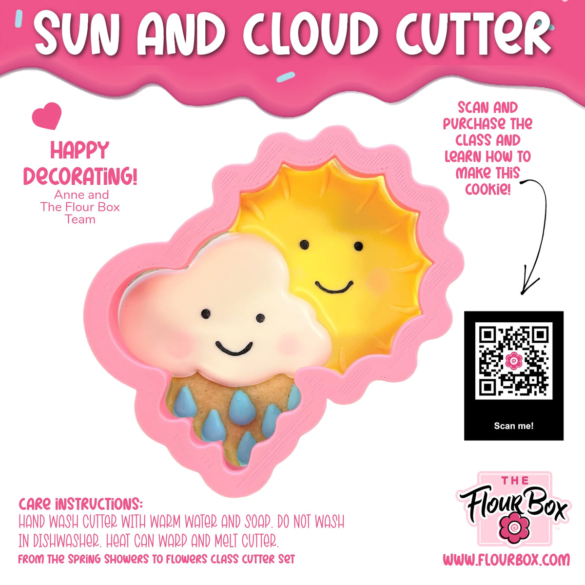 Pink silicone sun and cloud cookie cutter with blue icing drips for fun baking and decorating projects