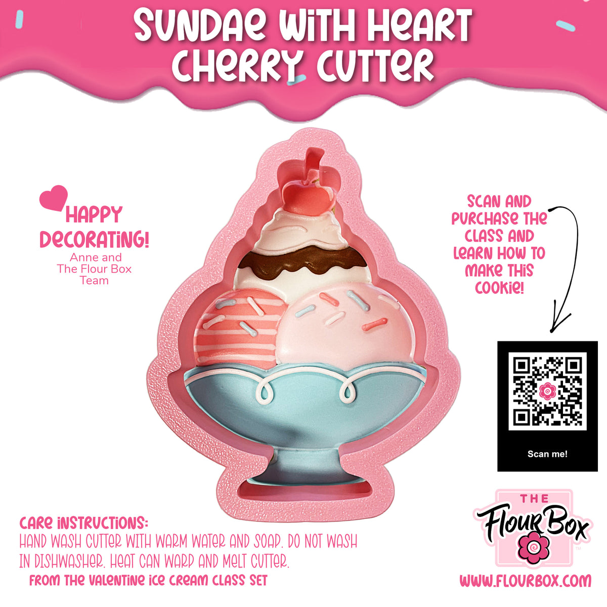 Pink silicone sundae-shaped cookie cutter with heart cherry detail for making festive cookies