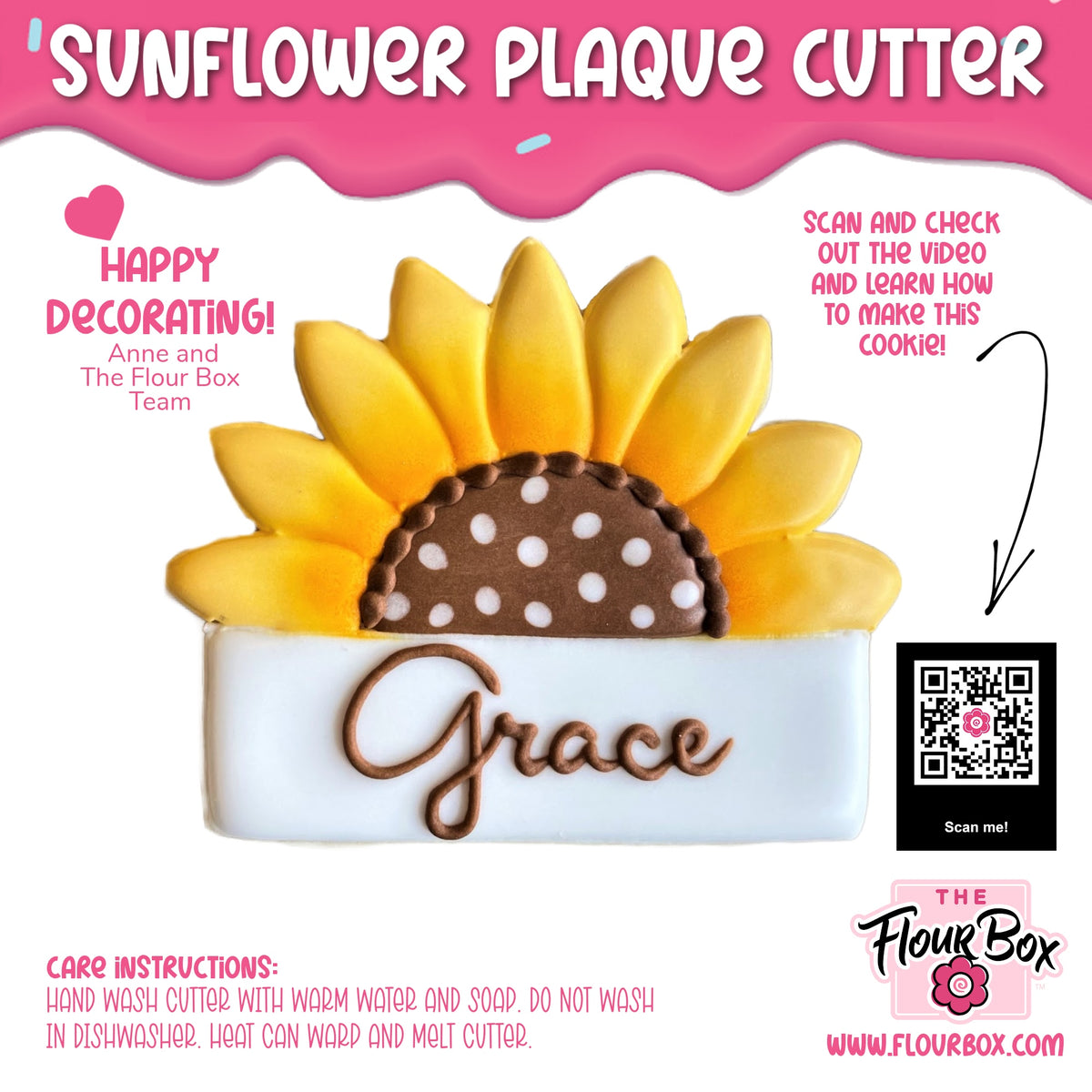 A yellow and brown sunflower plaque cookie with the name grace in cursive script on a white base
