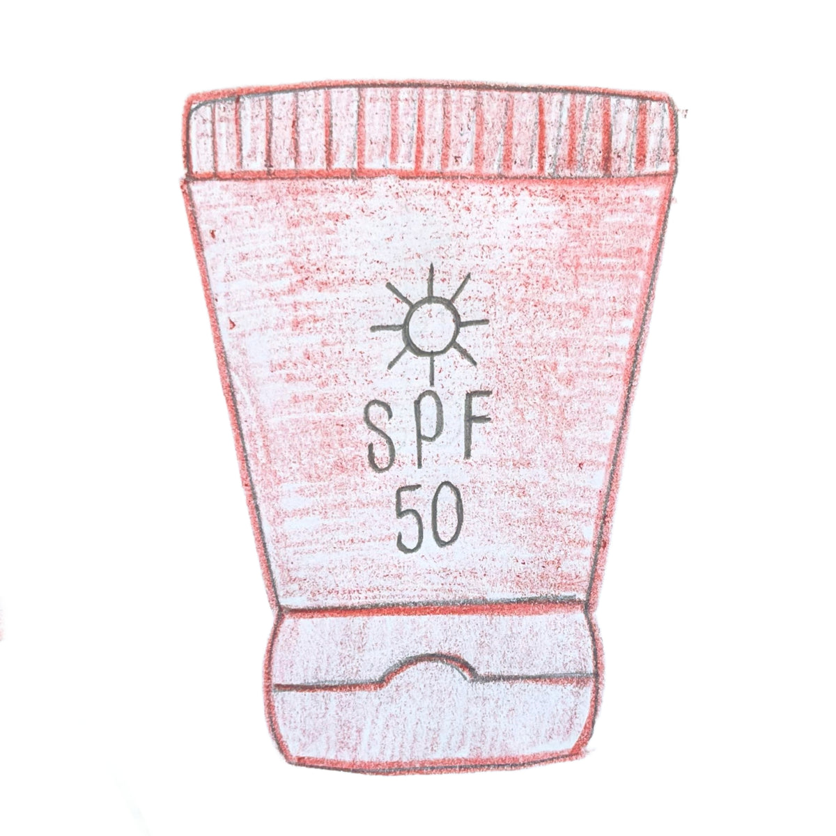 A pink crayon-drawn illustration of an spf 50 sunscreen tube with ridged cap and embossed sun symbol for sunscreen cookie cutter