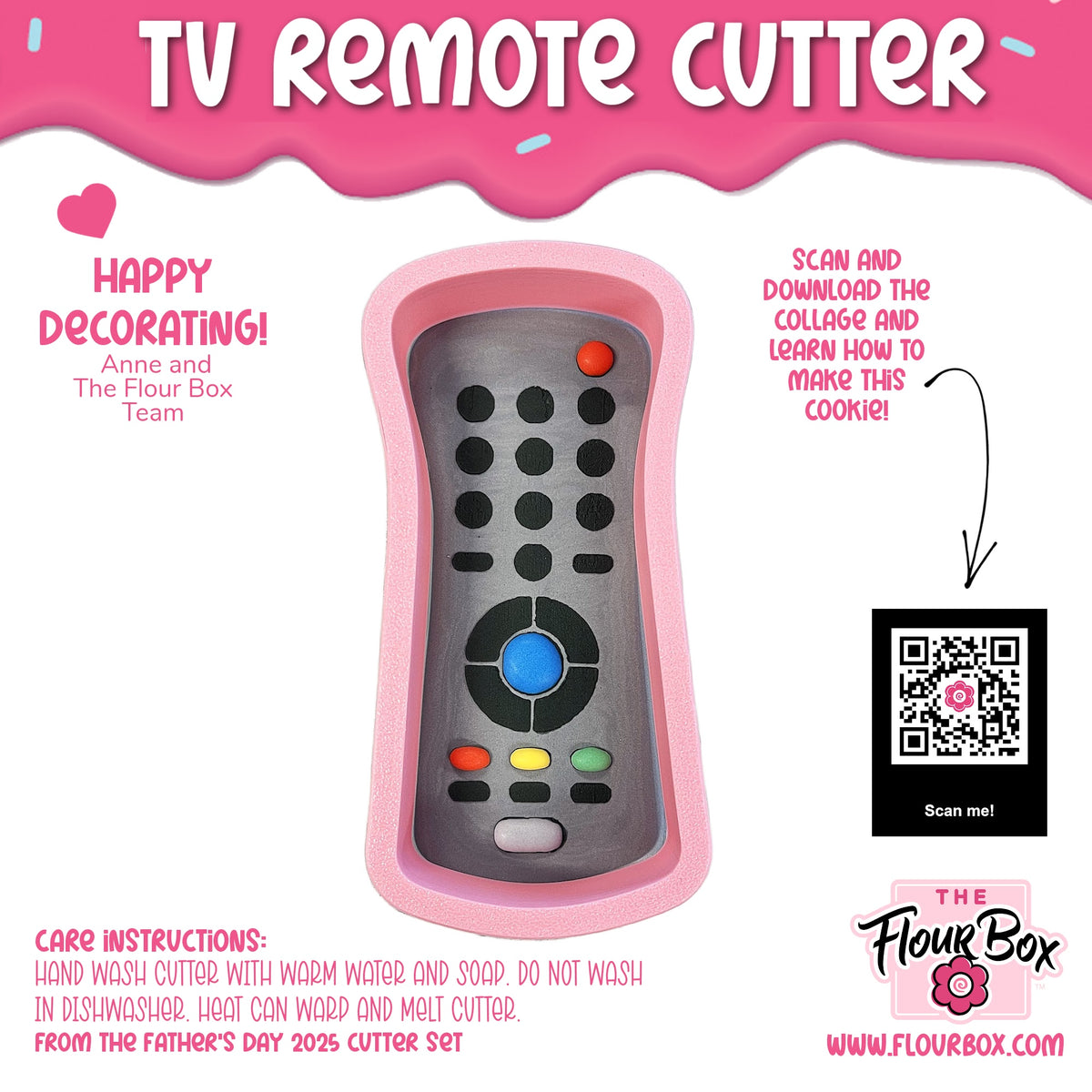 Pink silicone tv remote cookie cutter shaped like a gray remote with colorful button details and stencil for decorating