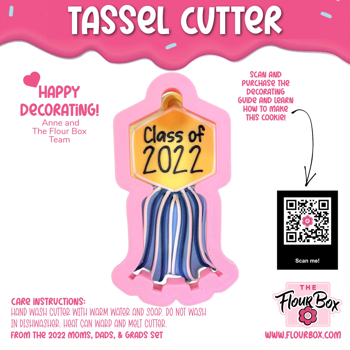 Pink silicone tassel plaque cookie cutter shaped like a graduation cap with blue and white striped tassels