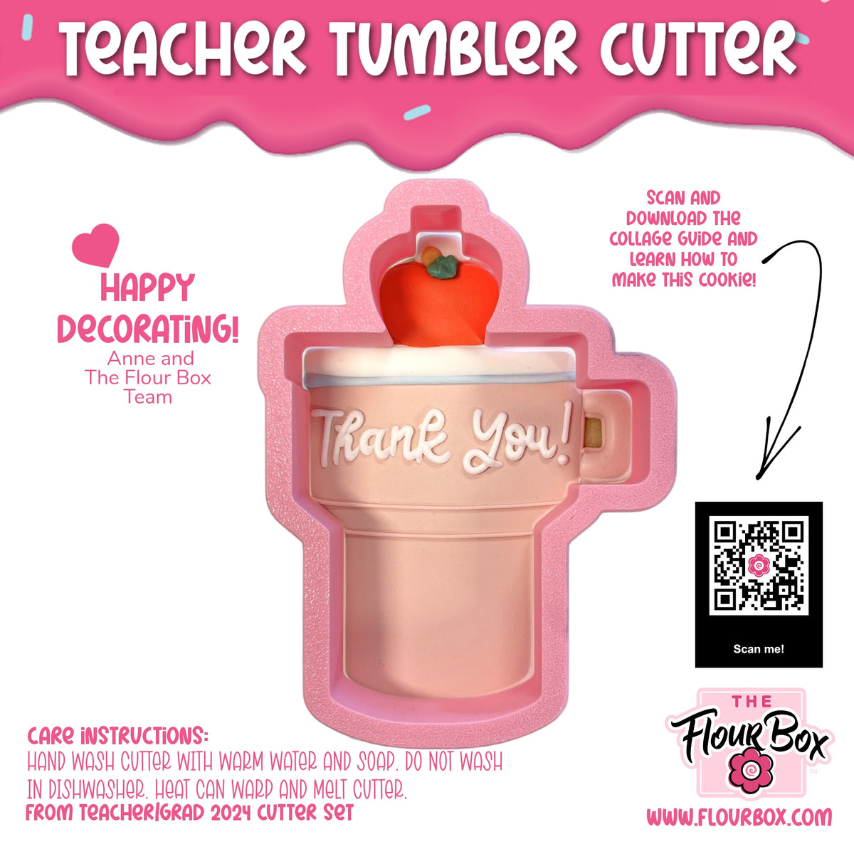 Pink silicone teacher tumbler cookie cutter with thank you inscription and apple design on top for baking