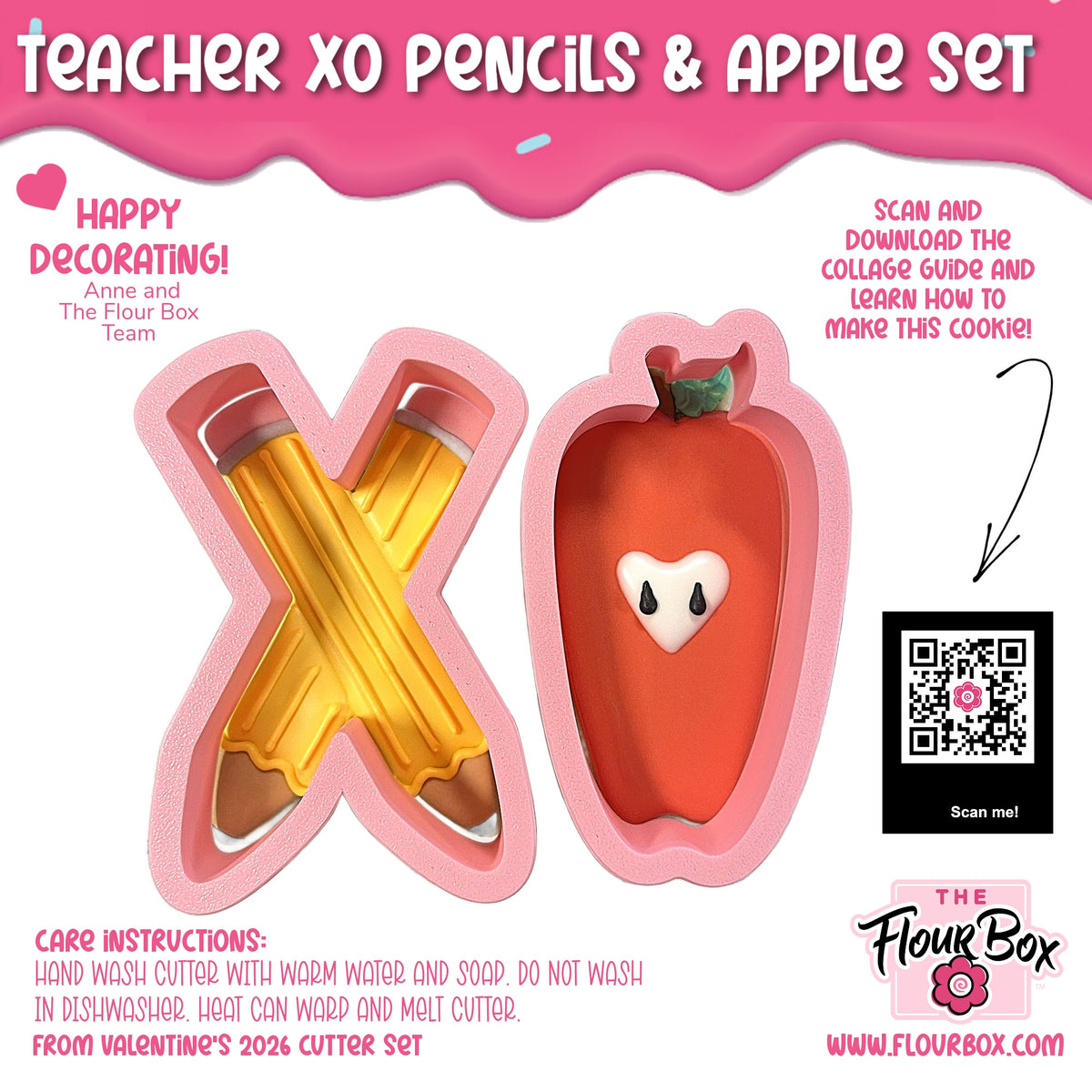 Pink silicone teacher XO cookie cutter set shaped like crossed pencils and an apple with a heart face