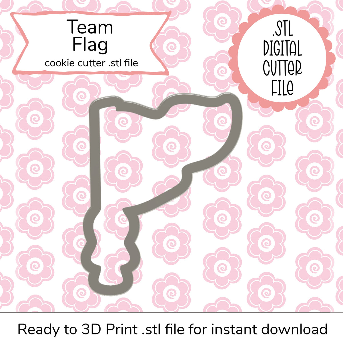 Gray metallic cookie cutter shaped like a flag for team flag stl cutter file digital use