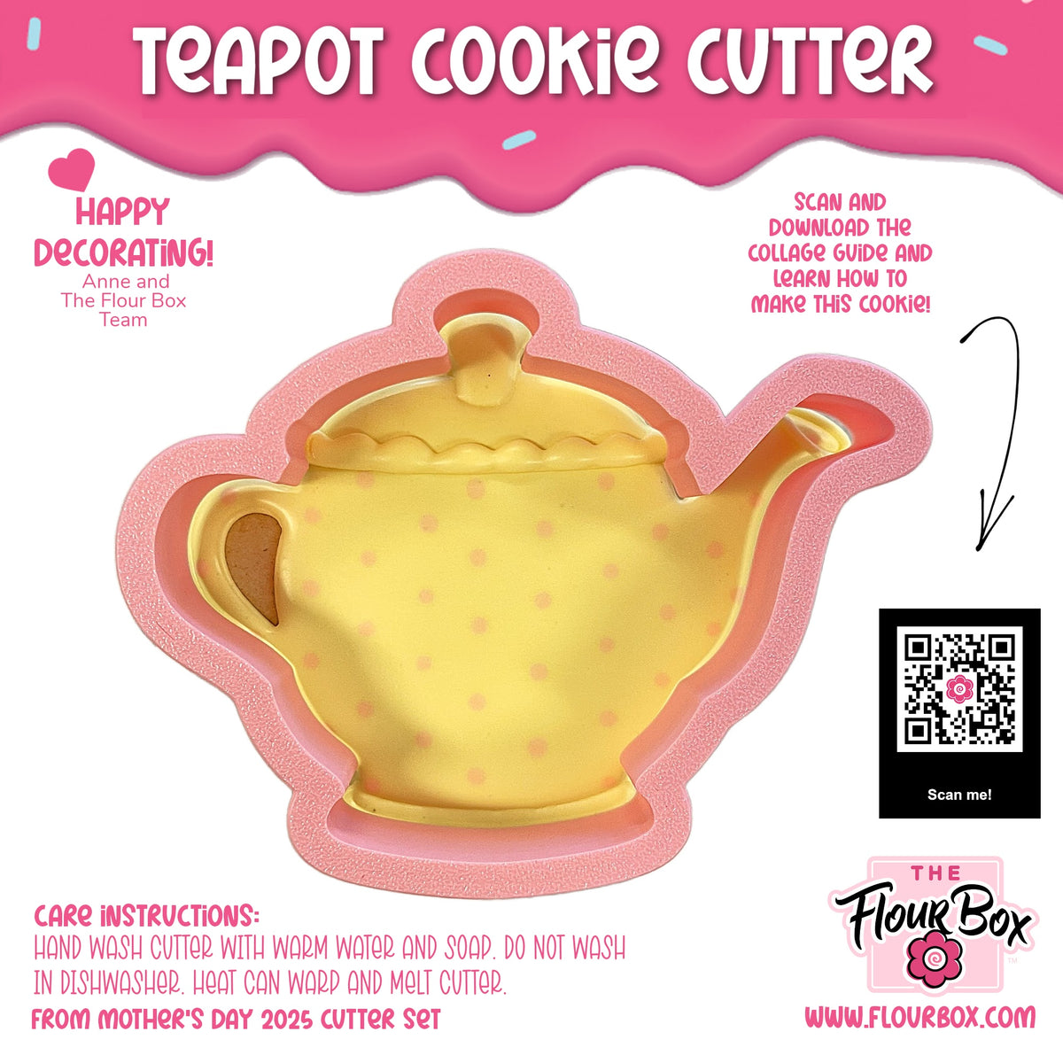 Yellow teapot cookie cutter with pink polka dots and matching pink silicone mold for baking and shaping cookies