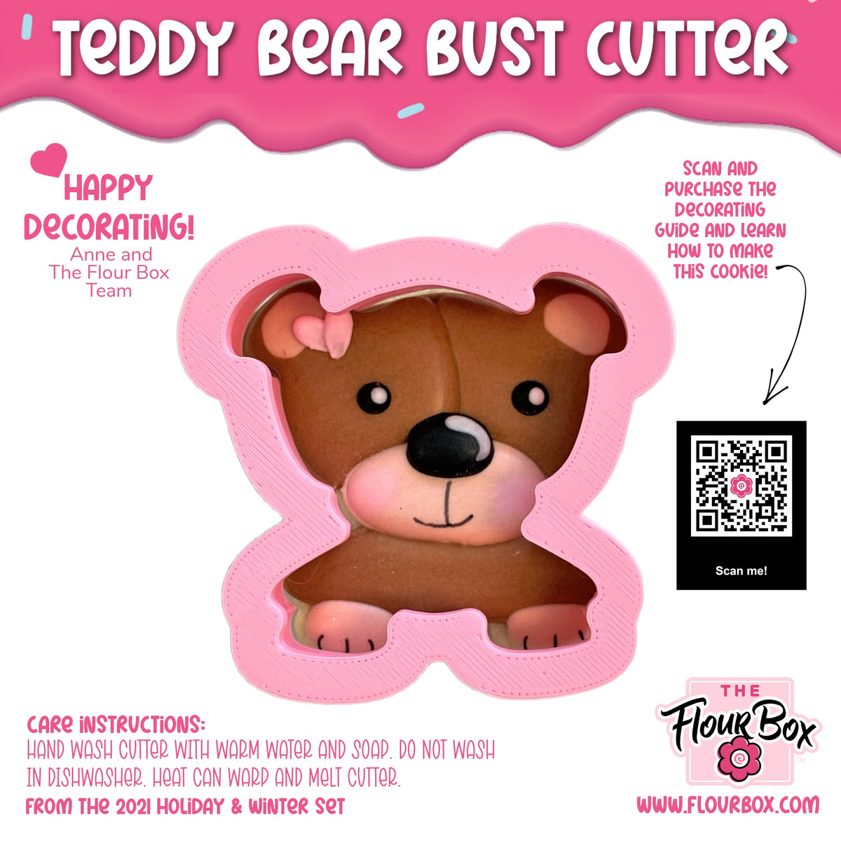Pink plastic teddy bear bust cookie cutter with brown and pink details for baking and crafting use