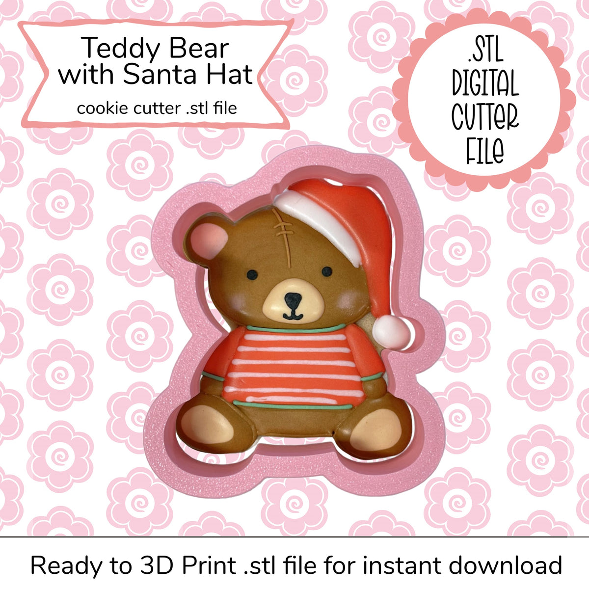 Brown teddy bear cookie cutter wearing a red and white santa hat and orange striped shirt for holiday baking design