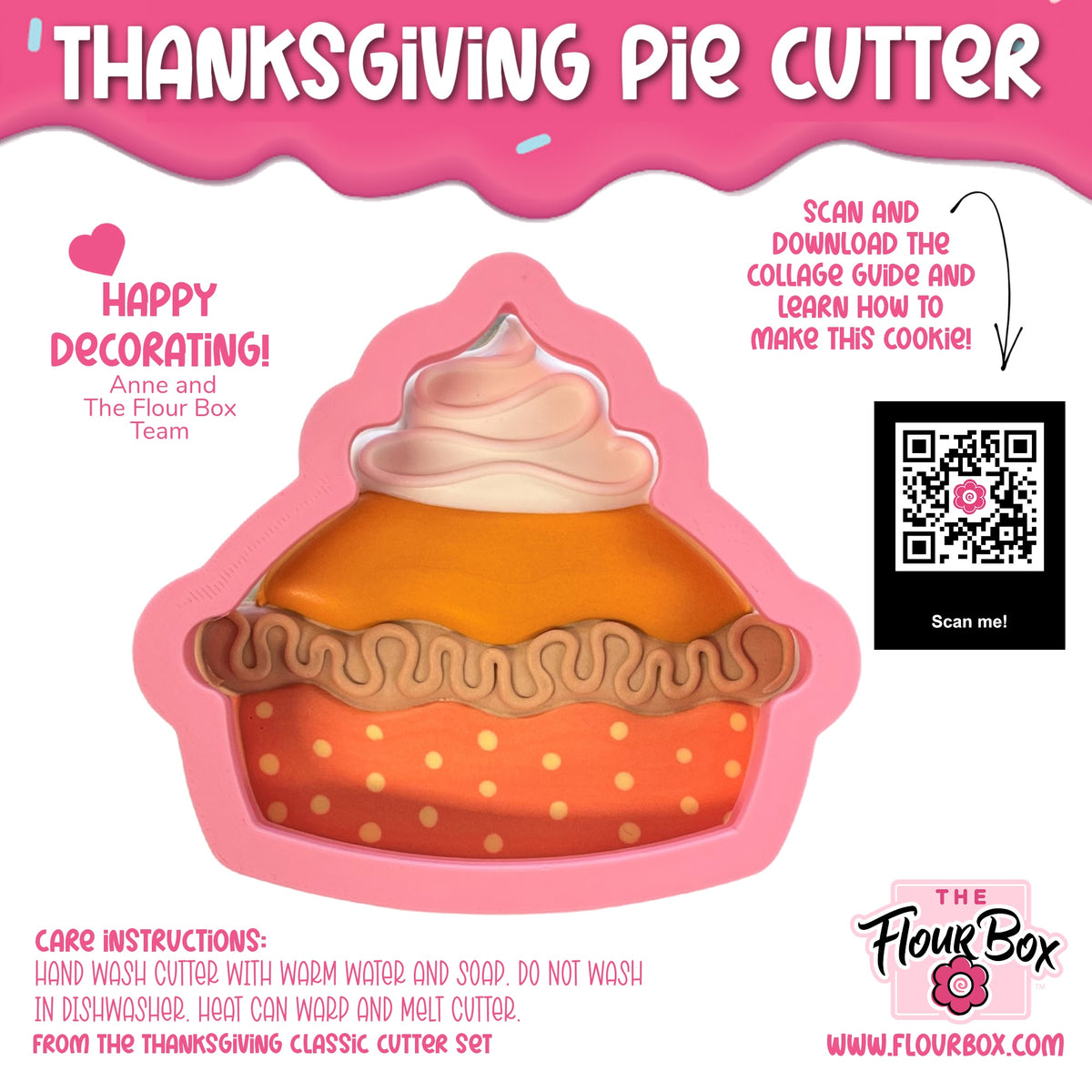 Thanksgiving pie cookie cutter in pink silicone shaped like a pumpkin pie with orange filling brown crust and whipped cream topping