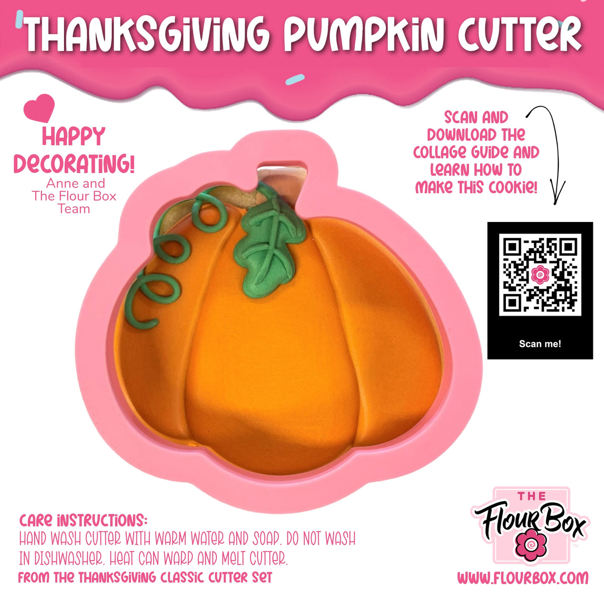 Orange pumpkin-shaped silicone cookie cutter with green leaf and stem details from the flour box thanksgiving set