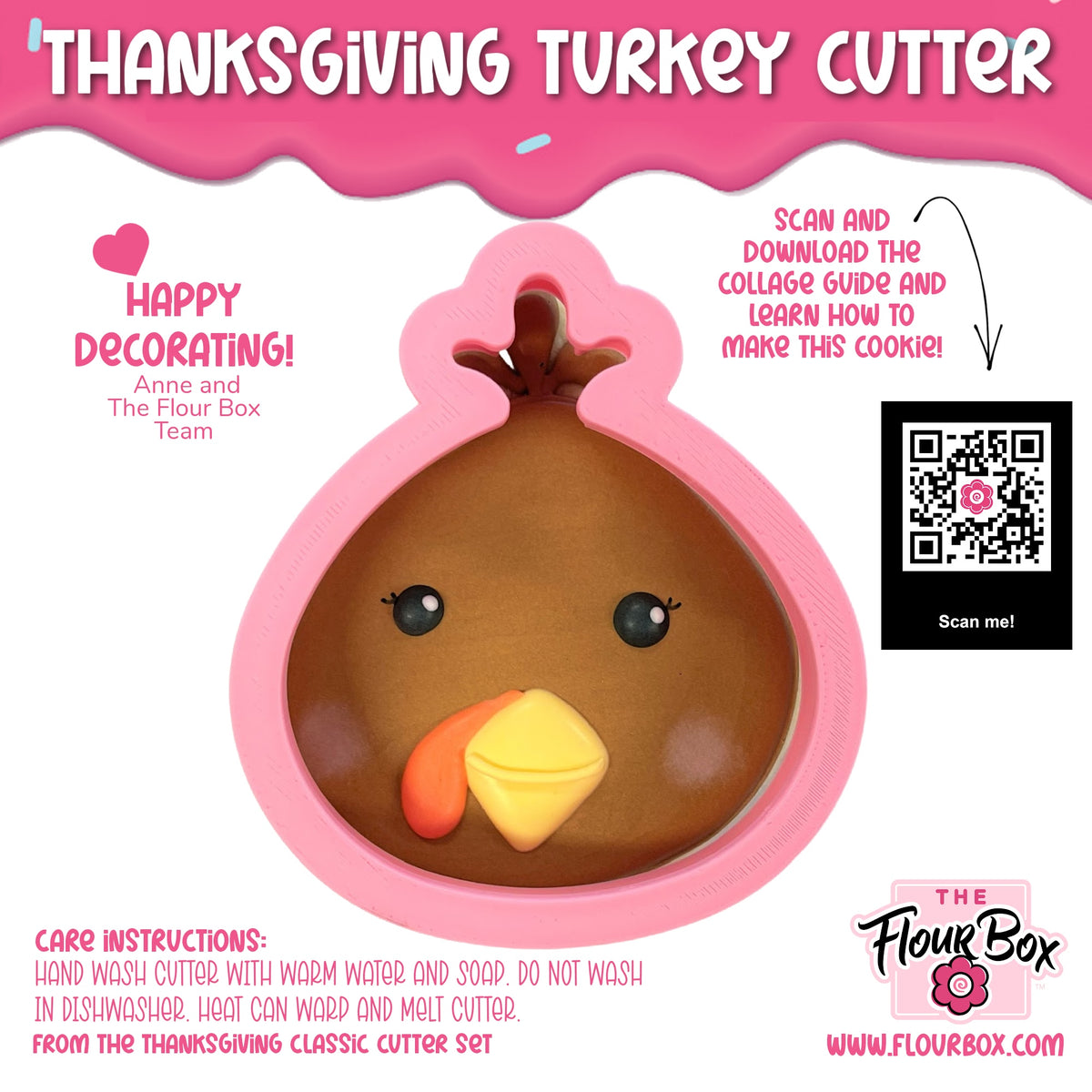 Pink silicone thanksgiving turkey cookie cutter with brown and yellow details for holiday baking