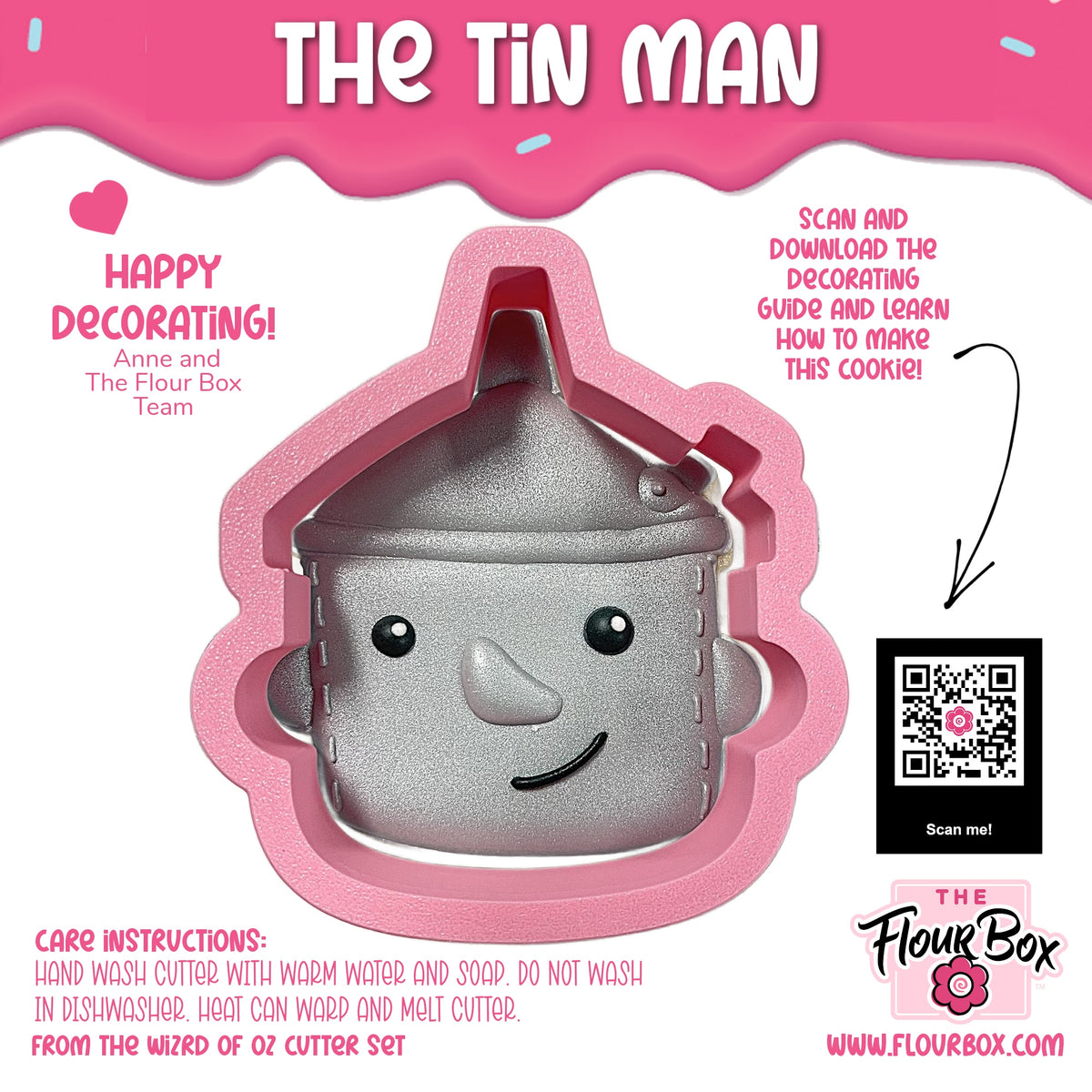 Silver metallic tin man cookie cutter with smiling face and stitched details designed by The Flour Box for baking