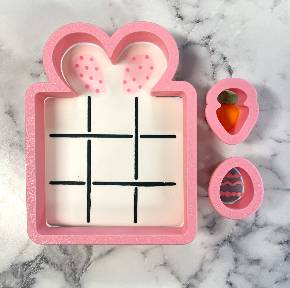 Pink silicone tic tac toe bunny card cookie cutter baking mold with heart shaped bunny ears and tiny cutters set