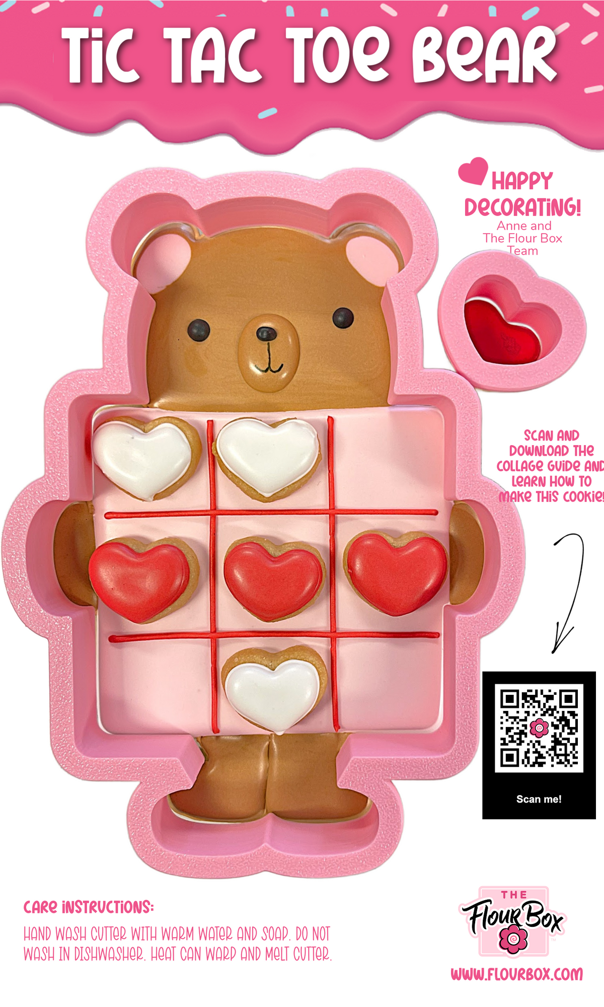 Pink silicone tic tac toe bear cookie cutter with brown and white heart shaped cookies in a grid arrangement