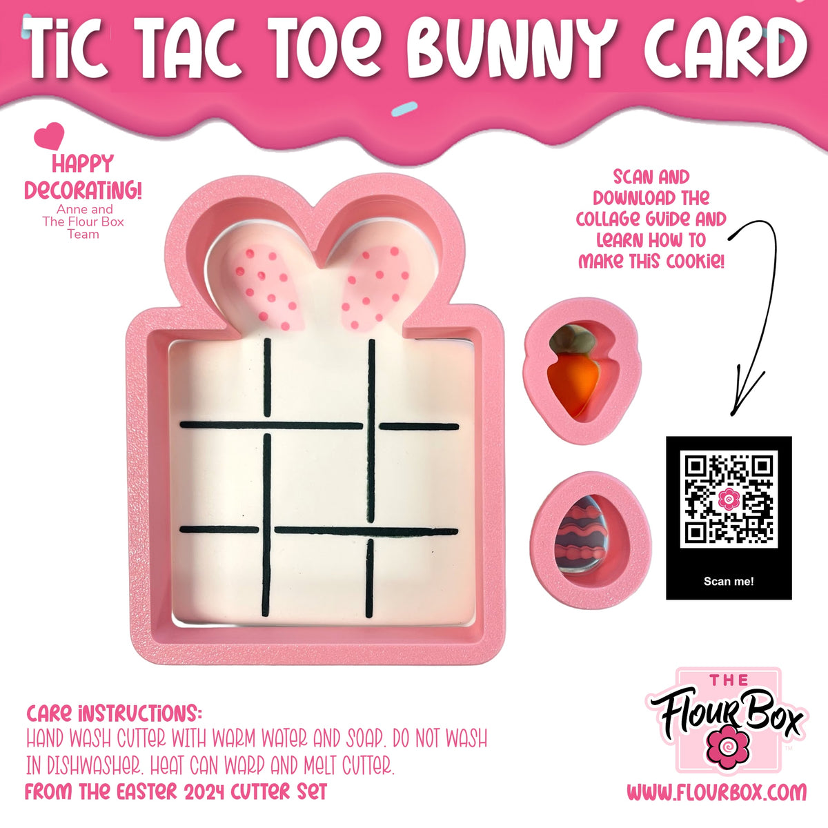 Tic tac toe bunny card cookie cutter set in pink silicone with polka-dotted ears and white interior grid