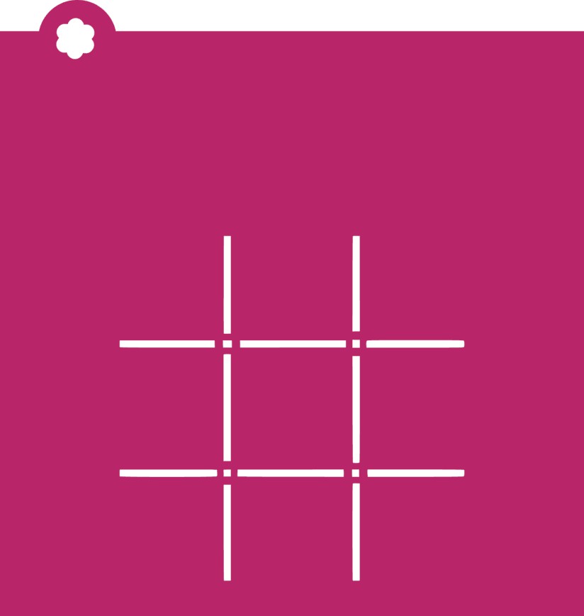 A white plastic tic tac toe lines stencil with a crosshatch grid pattern on a solid magenta background