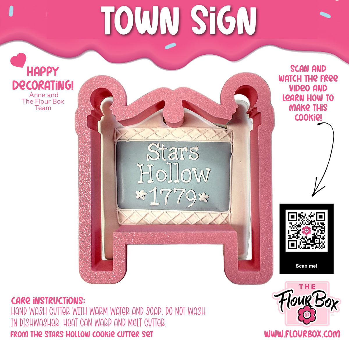 Pink foam town sign cookie cutter with gray panel engraved stars hollow 1779 for themed baking and crafts