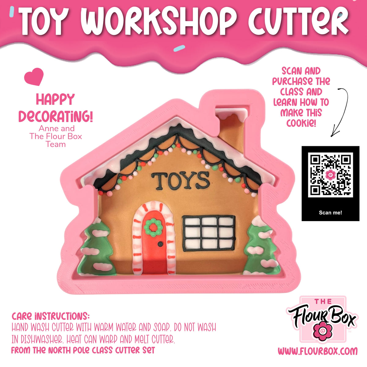 Pink silicone toy workshop cookie cutter shaped like a gingerbread house with red door candy cane trim and green trees