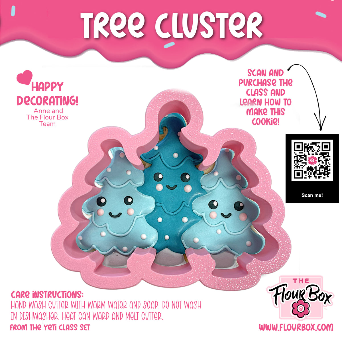 Pink silicone tree cluster cookie cutter with teal and blue smiling christmas trees and white dot decorations