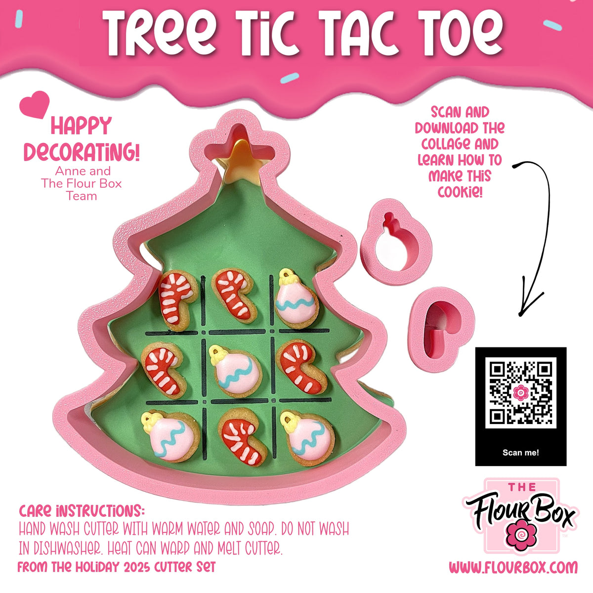 Pink tree-shaped cookie cutter with green interior and gold star for christmas-themed tic tac toe cookies set