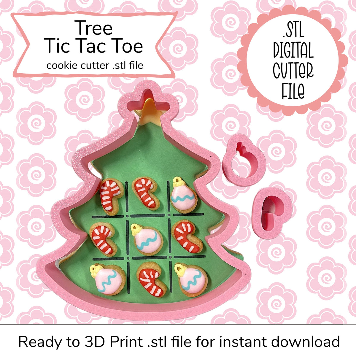 Pink and green christmas tree-shaped cookie cutter with candy cane and ornament designs digital stl file