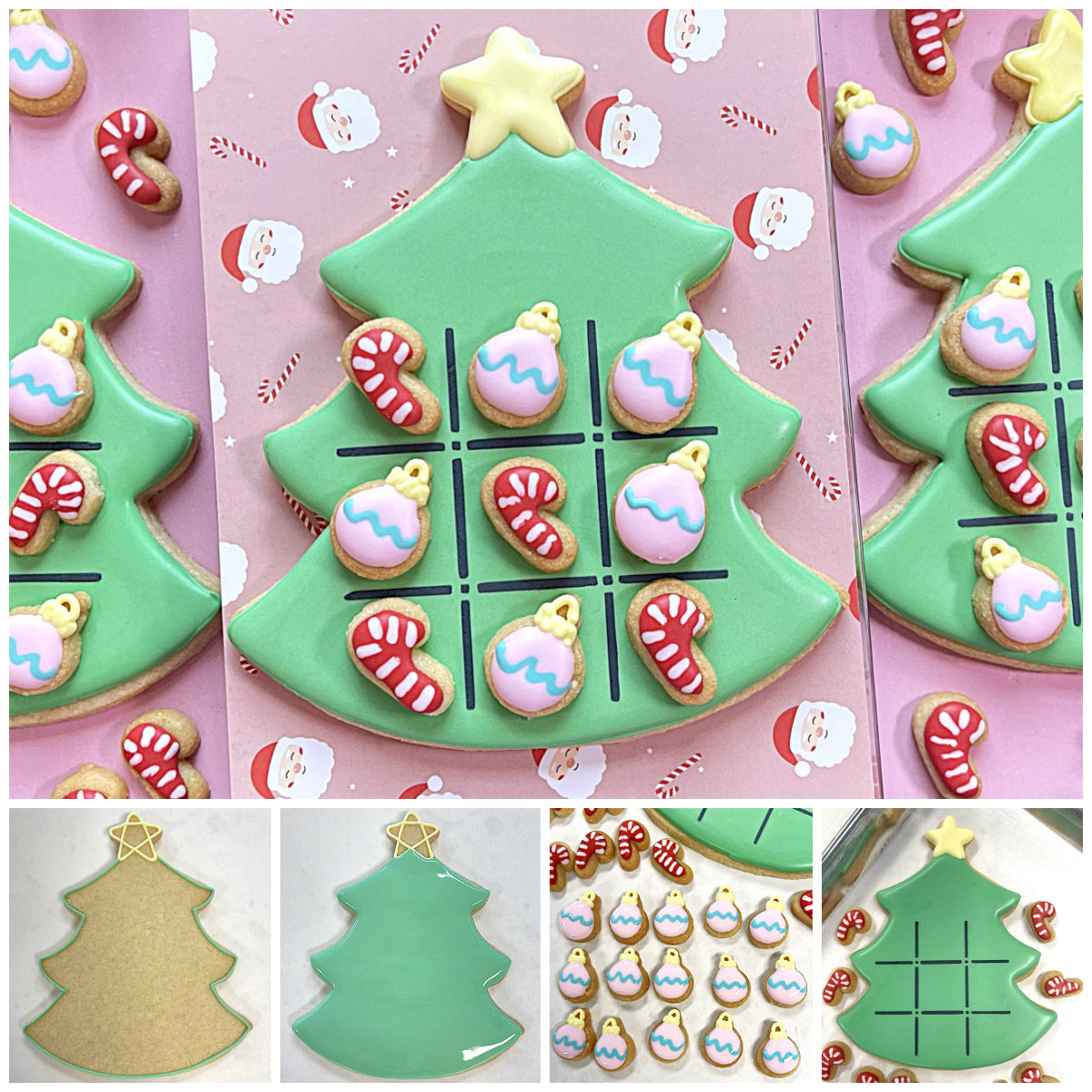 Green christmas tree shaped cookie decorated with pink and blue icing and candy cane cookies from tree tic tac toe cookie cutter set