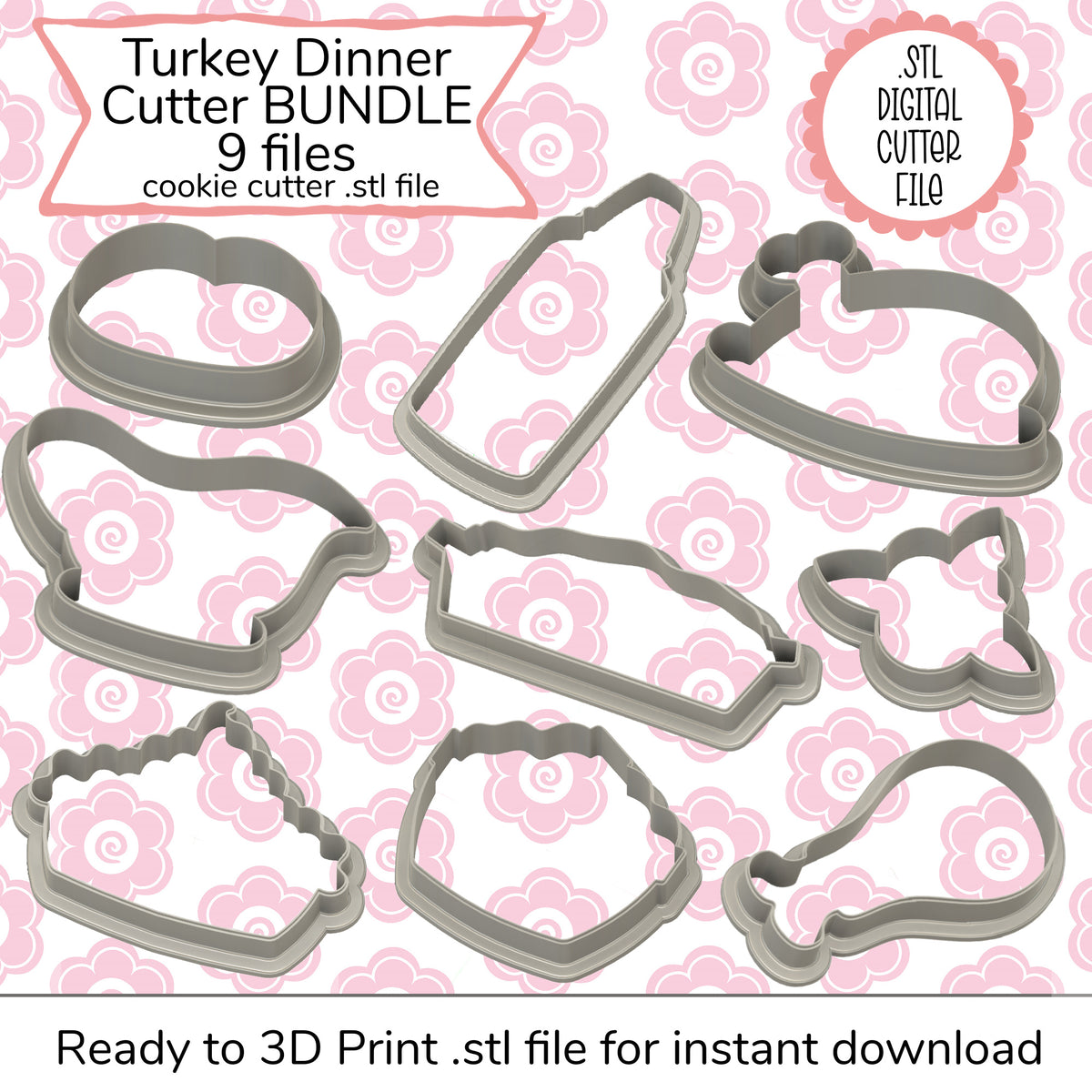 Set of nine gray plastic turkey dinner-themed cookie cutters including bottle hat and chicken shapes digital file