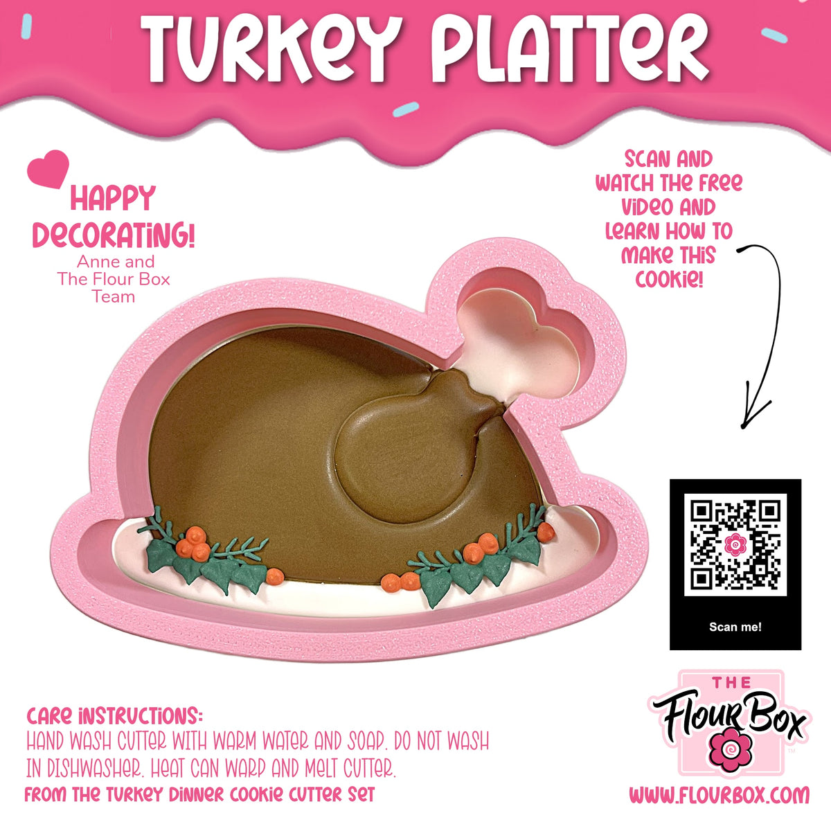 Pink turkey platter cookie cutter with brown interior and decorative green holly leaves and orange berries at base
