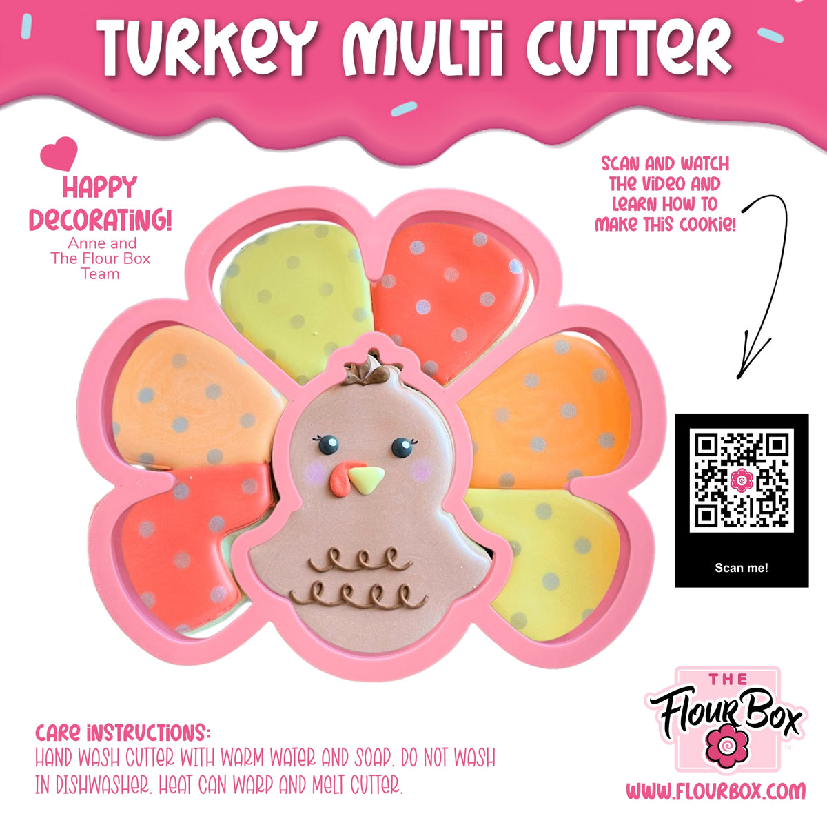 Pink turkey 4-in-1 multi-cookie cutter with colorful polka-dotted feather sections and a cute face design