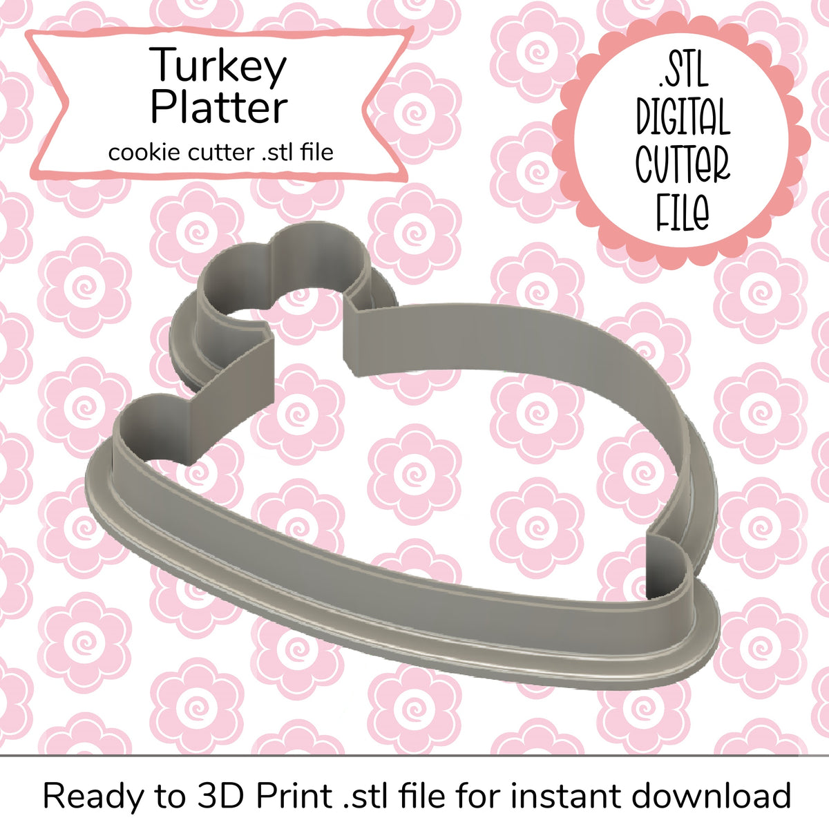 Gray plastic turkey-shaped cookie cutter with smooth rounded edge and detailed bird head cutout turkey platter cutter stl file
