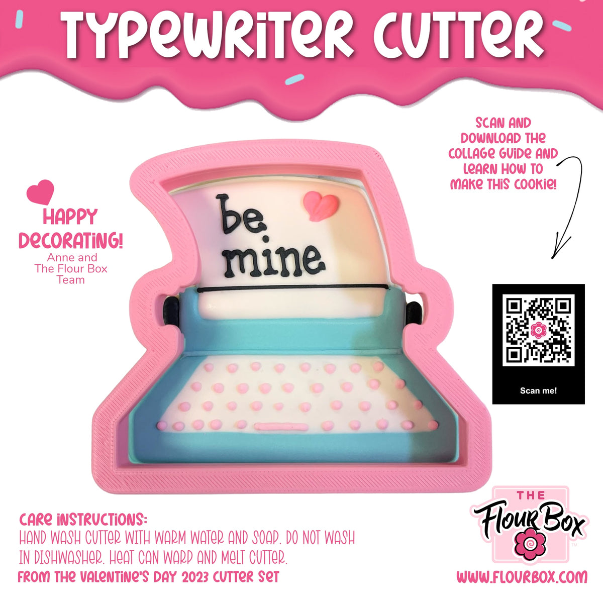 Pink and teal typewriter cookie cutter with be mine text and heart designs for themed baking projects